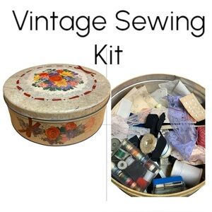 Vintage Large Floral Tin Sewing Kit with Sewing Notions Buttons Lace